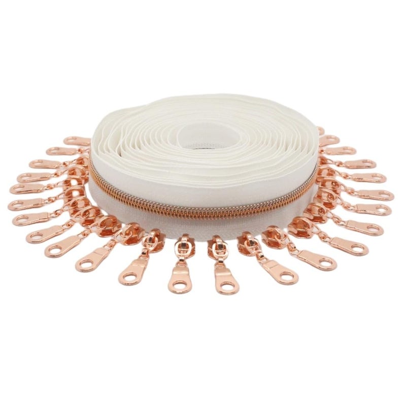 YaHoGa #5 Rose Gold Metallic Nylon Coil Zippers by The Yard Bulk White Tape 10 Yards with 25pcs Pulls for DIY Sewing Tailor Craft Bag (White) - Image 2